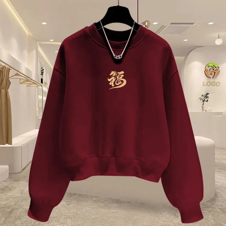 圆领套头短款卫衣女加绒加厚秋冬红色上衣高腰显瘦小个子春秋薄款