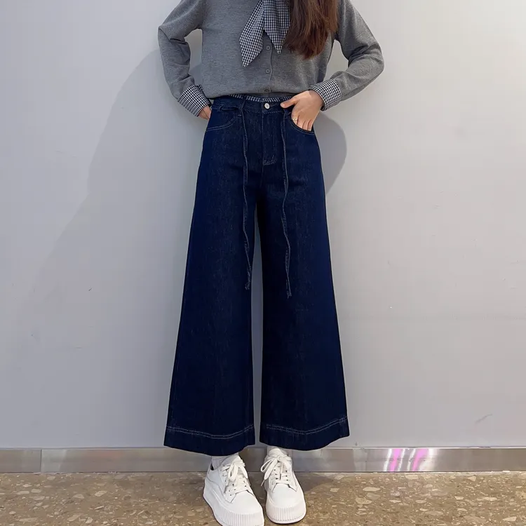 抽绳高腰阔腿裤秋装新款女装莱赛尔百搭显瘦纯色牛仔裤丹宁风5C73