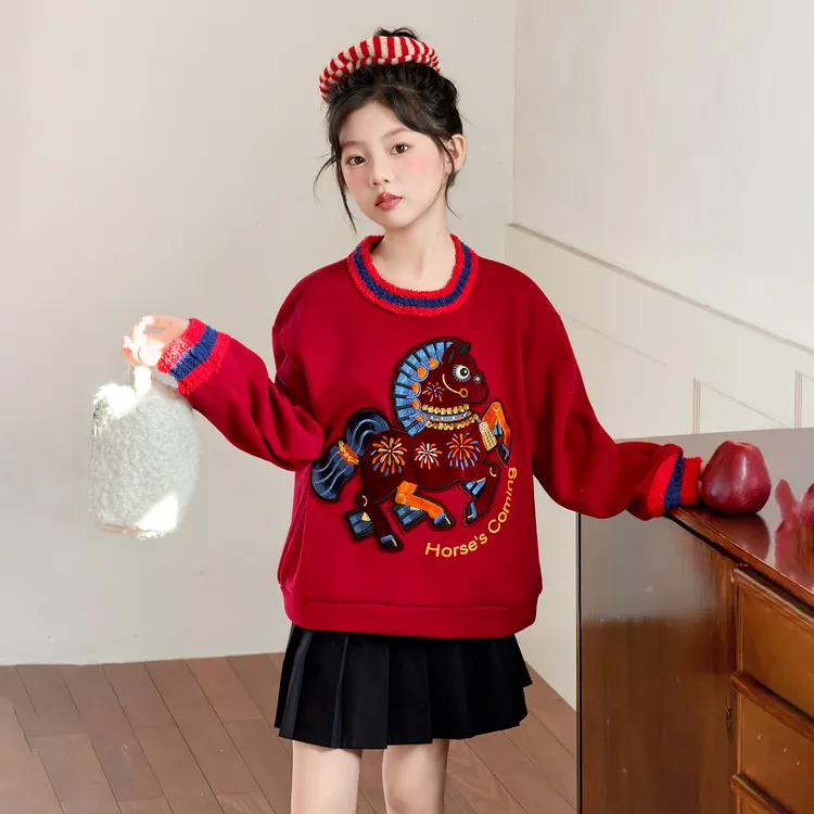 女童秋冬加绒加厚红色卫衣中大童女孩拜年服儿童冬装马年新年衣服