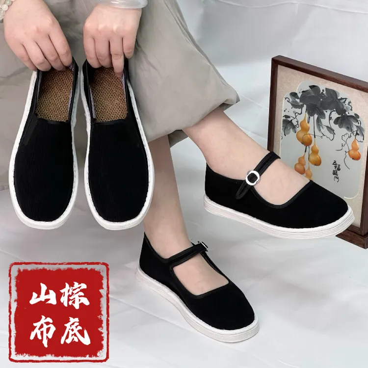 何航条绒棉千层布鞋舒适透气休闲平底透气耐磨轻便黑色手工鞋女款
