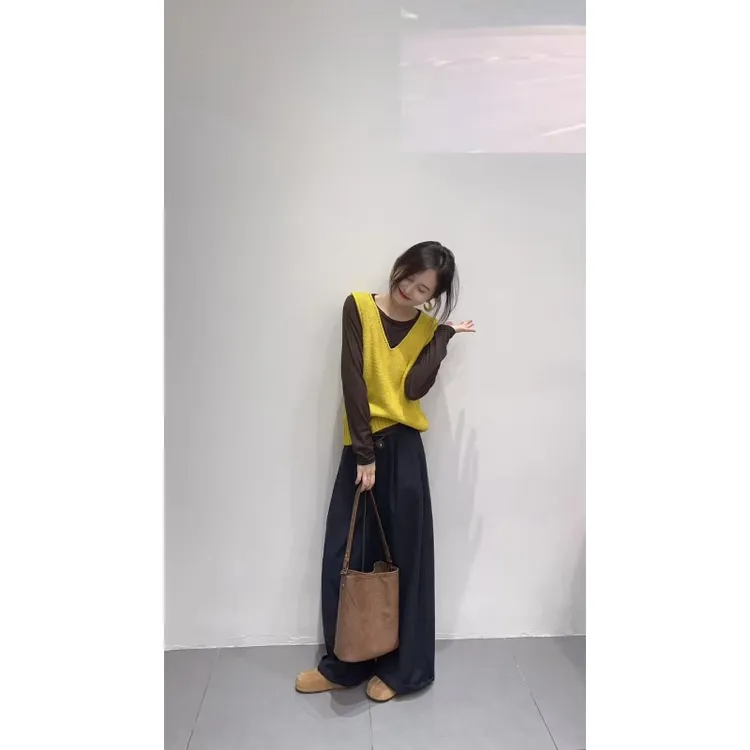 2025秋季新款韩系巨好看高级感黄色针织背心长袖上衣阔腿裤套装女
