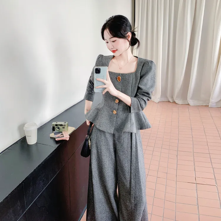 灰色法式气质御姐范人字纹套装裤女2025秋季新款外套阔腿裤两件套