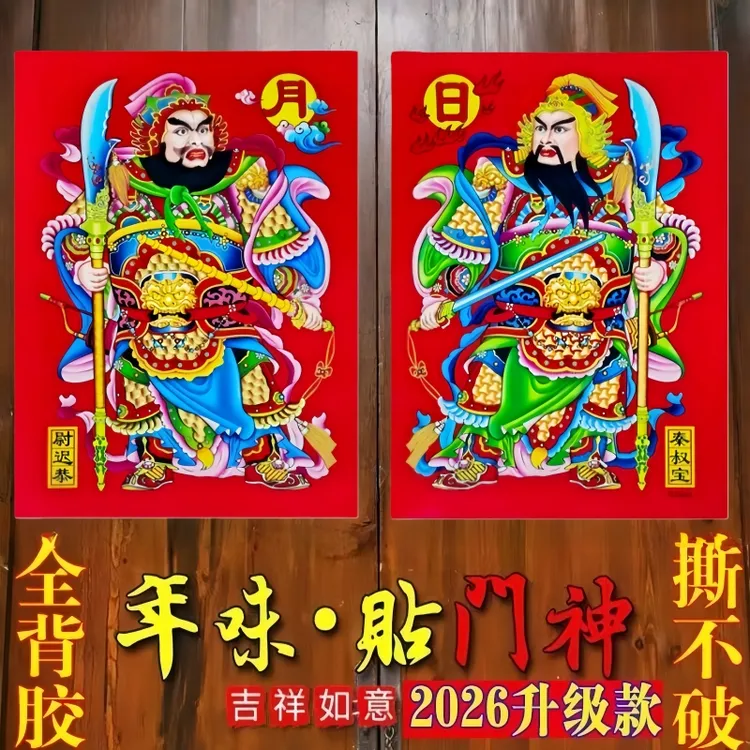 新款2026马年防水防晒覆膜背胶门神贴秦叔宝尉迟恭大门贴纸年画