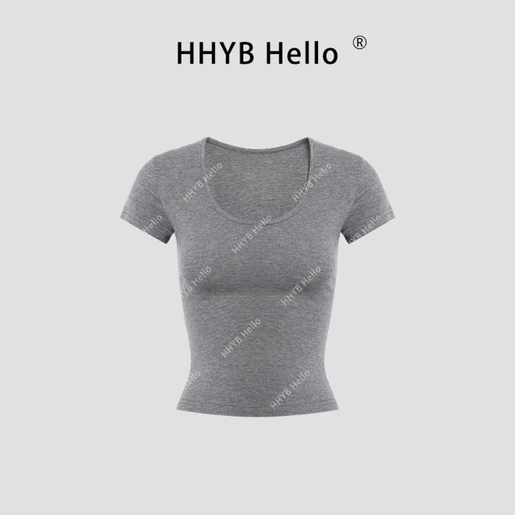 HHYB Hello百搭圆领修身U领正肩T恤2025年春夏新款休闲上衣250193