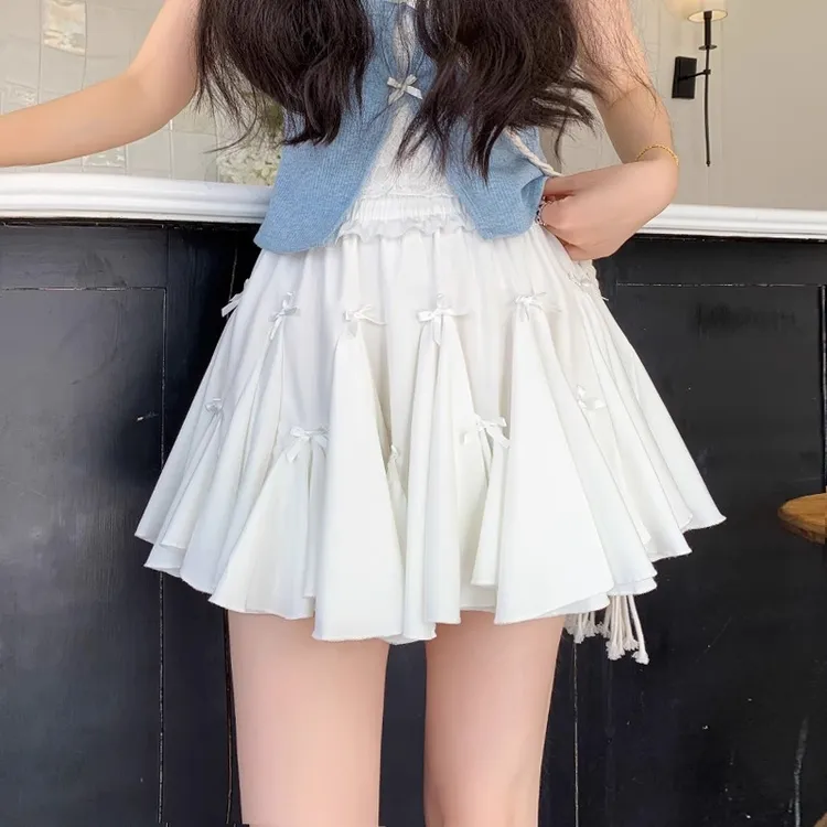 白色百褶半身裙女夏季新款高腰显瘦木耳边蝴蝶结蓬蓬辣妹a字短裙
