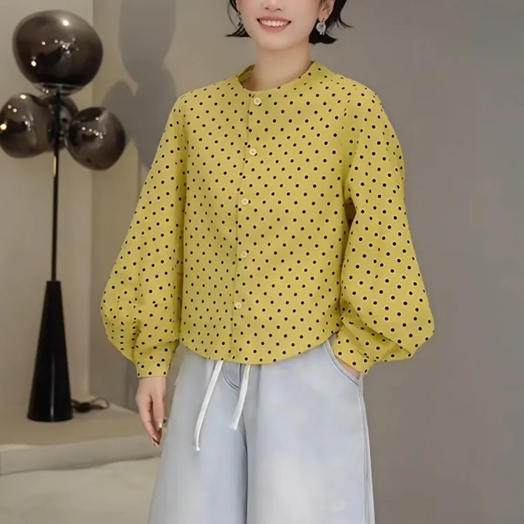韩版波点灯笼袖气质黄色衬衫女2025春季新款时尚洋气长袖百搭上衣