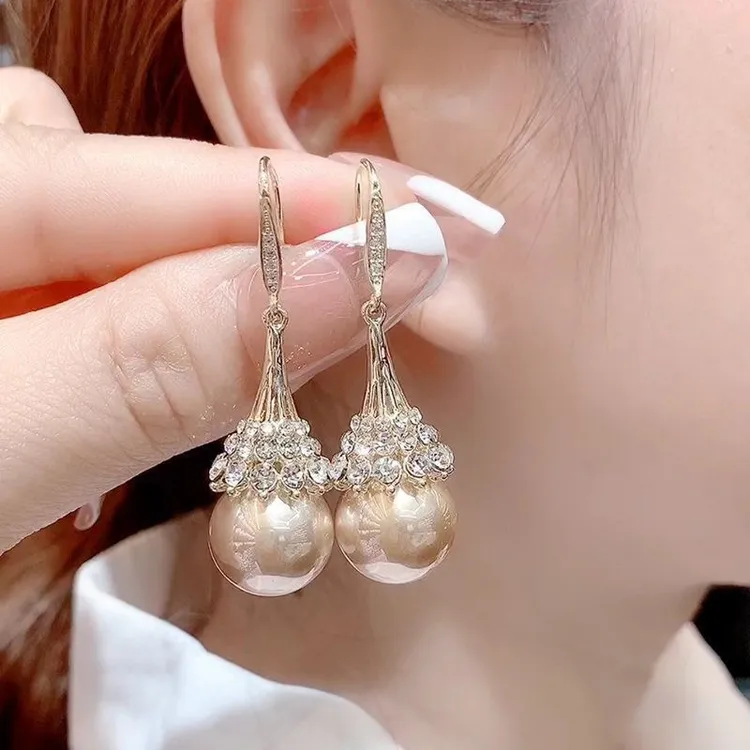 香槟金色珍珠吊坠耳环2023新款网红高级感时尚百搭气质耳饰女