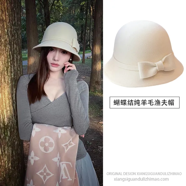 留洋千金蝴蝶结羊毛呢渔夫帽女秋冬法式复古气质圆顶礼帽赫本帽子