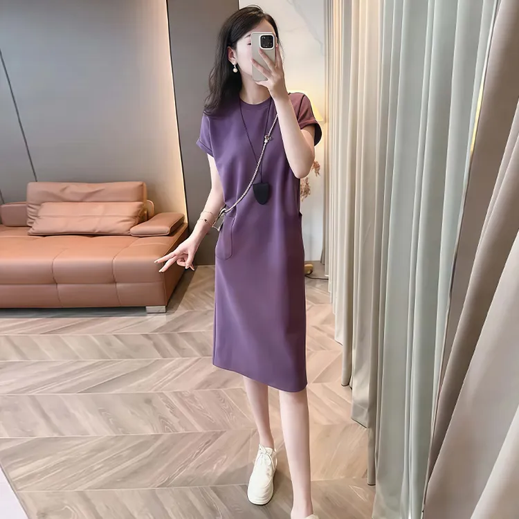 高含棉韩版时尚洋气纯色短袖连衣裙女2025年夏季新款宽松显瘦裙子