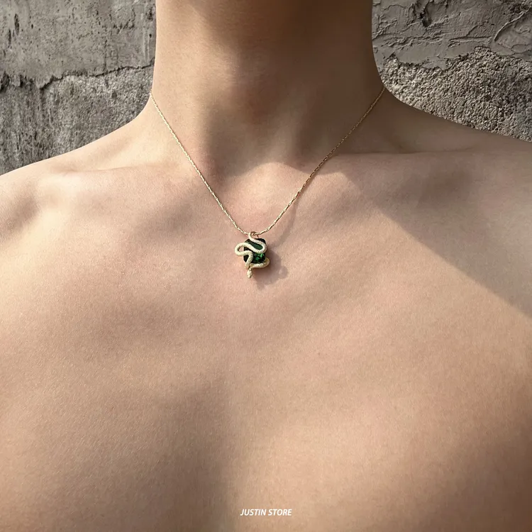 铁合金项链 绿色坠链项链灵蛇吊坠小众轻奢简约百搭蛇年锁骨链男