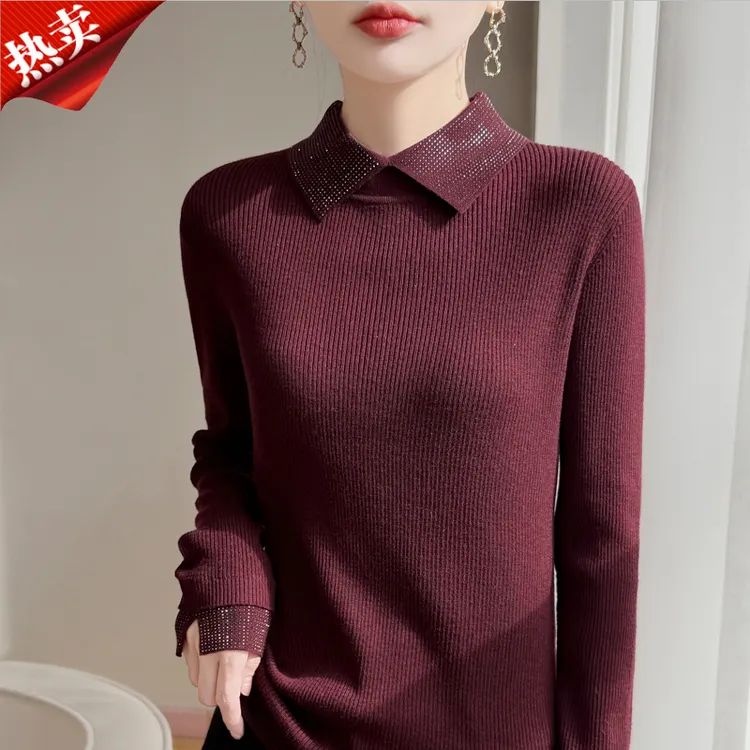 时尚品牌烫钻娃娃领精纺羊毛衫女柔软气质内搭保暖针织衫冬