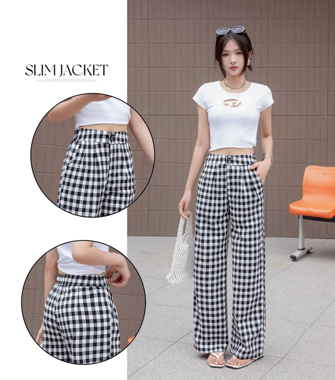 春秋格子阔腿女裤宽松窄版直筒中高腰爆款百搭时尚夏季必备格子裤