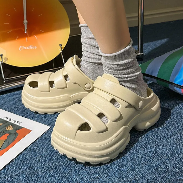 春夏新品时尚简约厚底复古外穿增高女士纯色凉拖鞋包头