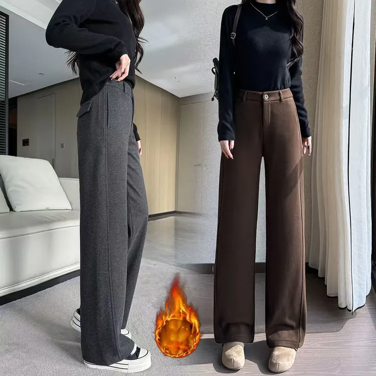 【婷婷家】小个子窄版加绒加厚毛呢高腰显瘦阔腿裤#6036+6038