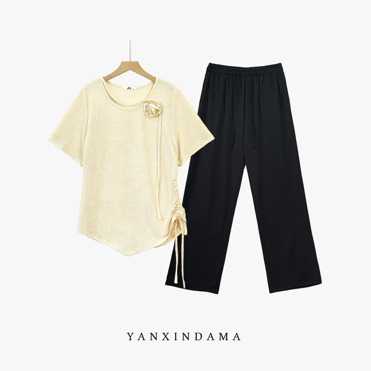 【岩心】大码女装300斤胖MM显瘦设计感抽绳T恤垂感阔腿裤套装66336