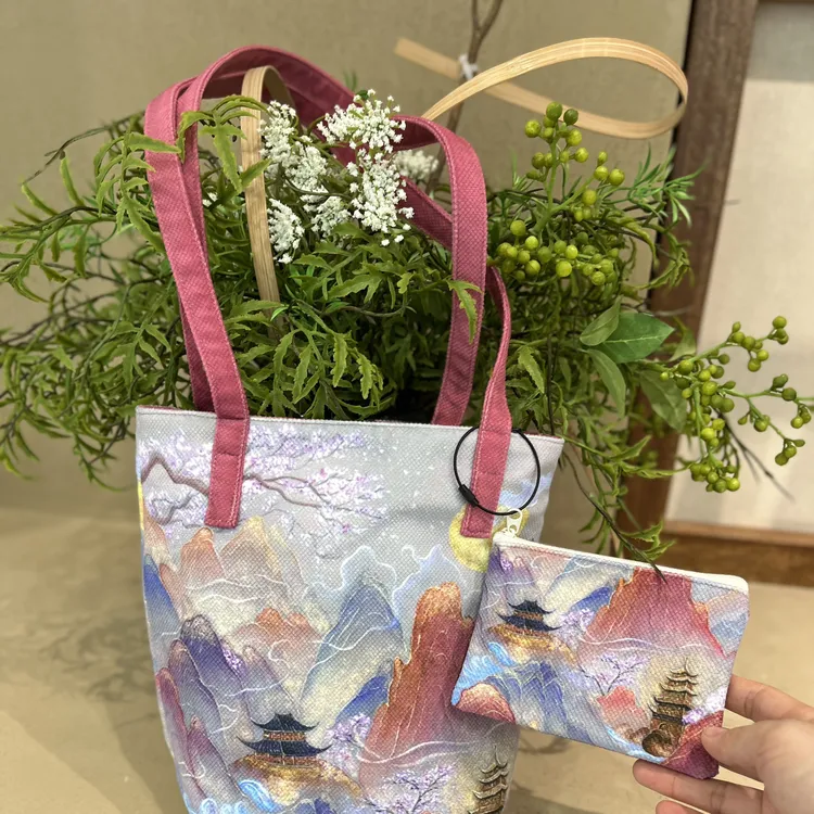 帆小包•国风山水原创双面水桶单肩包女休闲大容量手提包原创包包