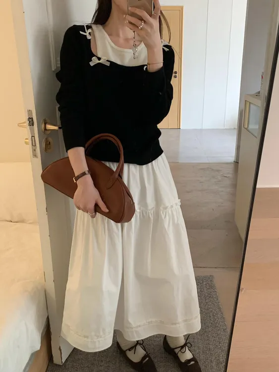 韩系甜妹初秋穿搭套装假两件蝴蝶结长袖针织衫女秋季半身裙两件套