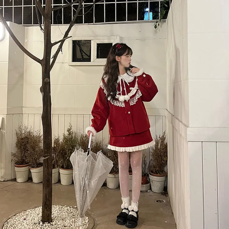 秋冬季红丝绒蛋糕毛呢套装女针织上衣+毛毛外套+半身裙