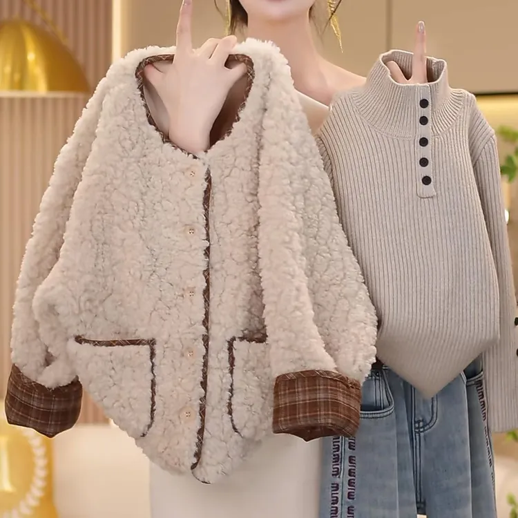 女童美拉德毛毛衣秋冬款2025新款女宝格子拼接皮毛一体外套羊羔毛