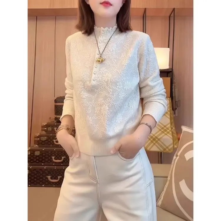 花边立领白色针织打底衫女秋冬2025新款内搭毛衣减龄百搭长袖上衣
