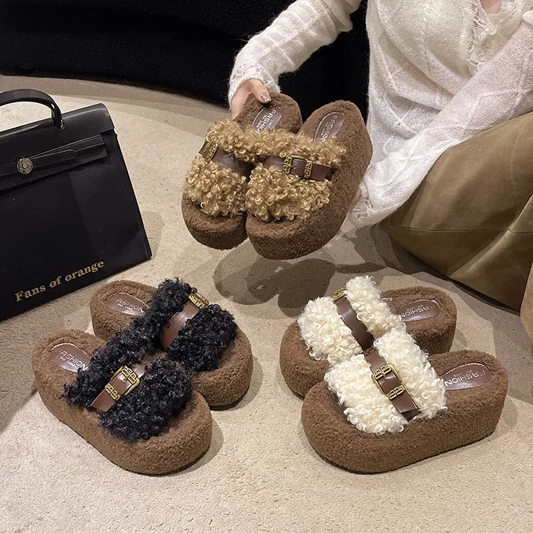 厚底增高7cm毛毛拖鞋女2025年秋冬季新款小个子外穿棉拖毛绒鞋子