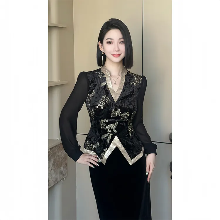 格娜秋季新款2025V领立裁长袖衬衫气质老钱风松弛感女装贵气套装