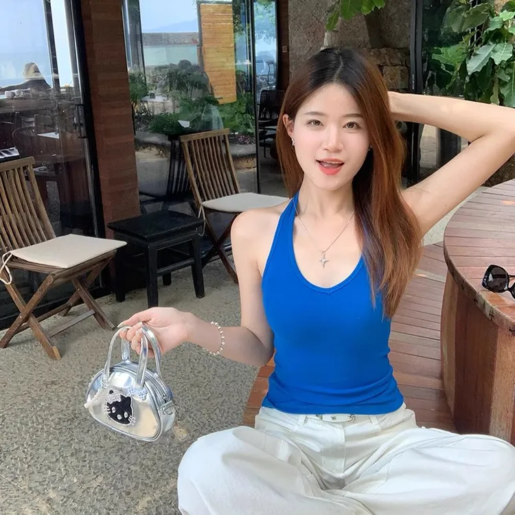 v领挂脖上衣女夏季外穿2025新款辣妹风修身穿搭白色吊带背心内搭