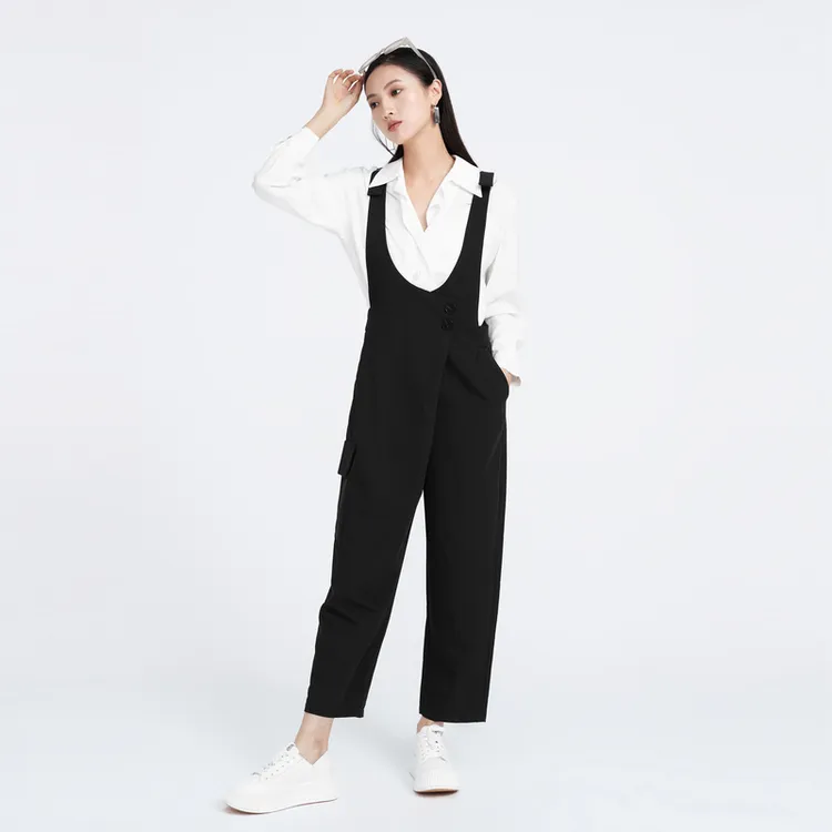 sdeer圣迪奥女装时尚百搭休闲显瘦拼接宽松背带长裤S221Z1005