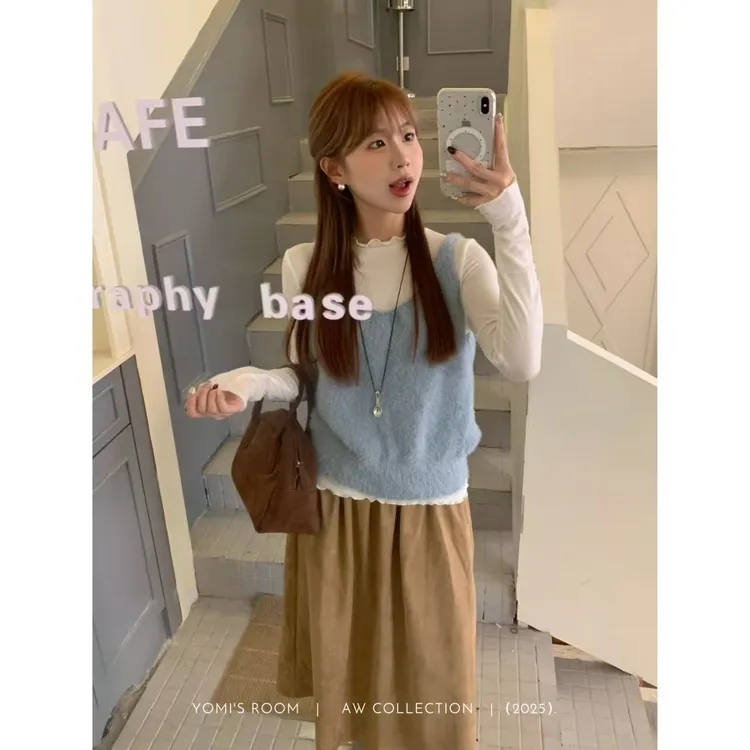 YOMI小个子【蓝莓酸奶】蓝色毛衣马甲秋季休闲百搭显瘦显白秋冬