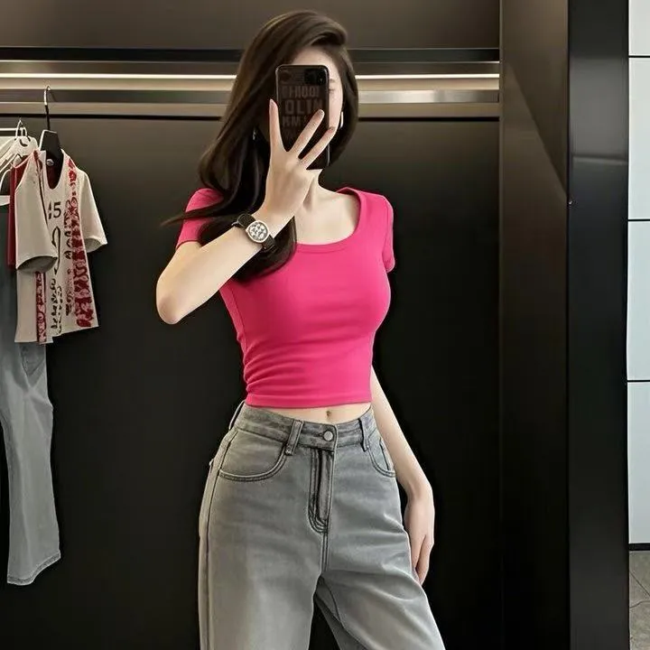 纯棉短袖方领辣妹露脐U型领时尚纯色简约露脐正肩T恤短款设计感女