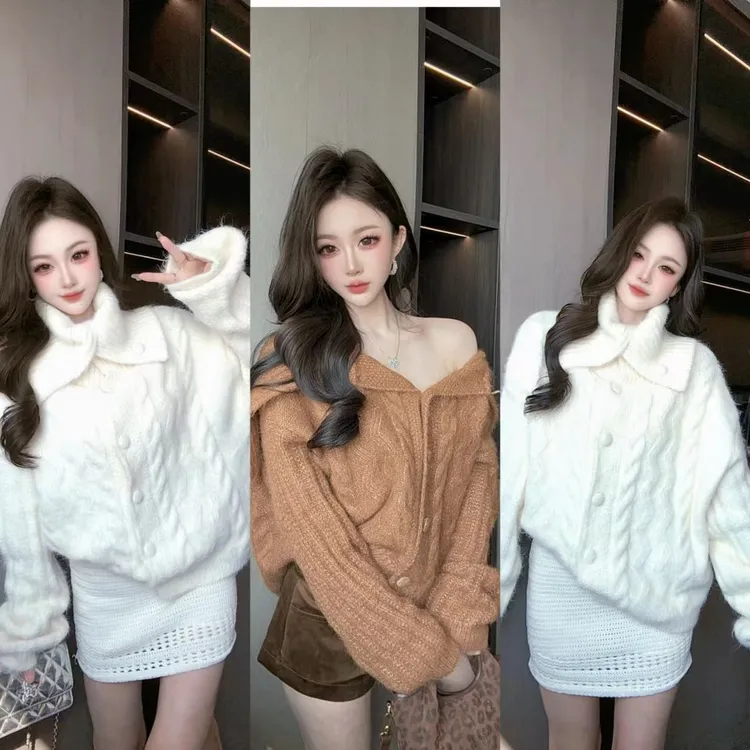 曼曼【温暖加分项】软糯高领长袖针织开衫毛衣外套女秋