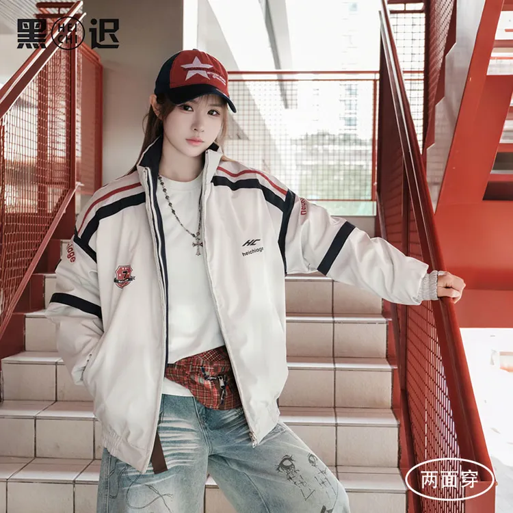 黑迟原创美式拼接撞色棉衣男女冬季加厚棉服保暖双面穿面包服