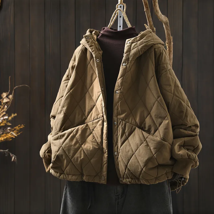 超好看小棉袄女2025冬新复古连帽菱格小个子休闲文艺百搭薄款棉服