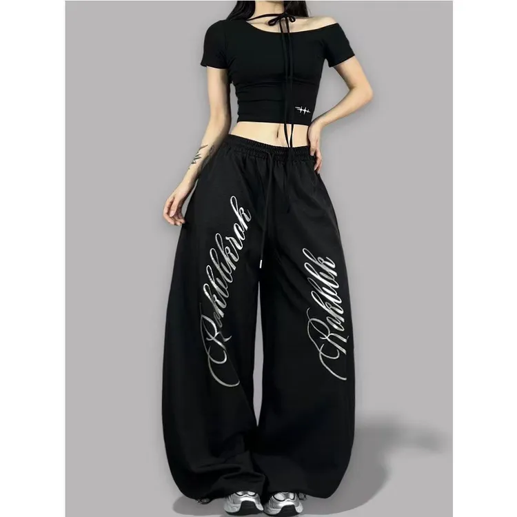 美式街头嘻哈大版型宽松爵士舞裤辣妹直筒阔腿简约休闲运动长裤女