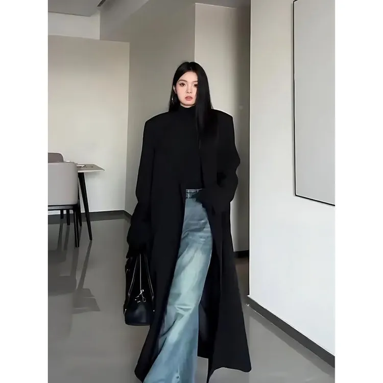 大码胖妹妹春秋新款气质高级感黑色西装外套女宽松中长款百搭西服