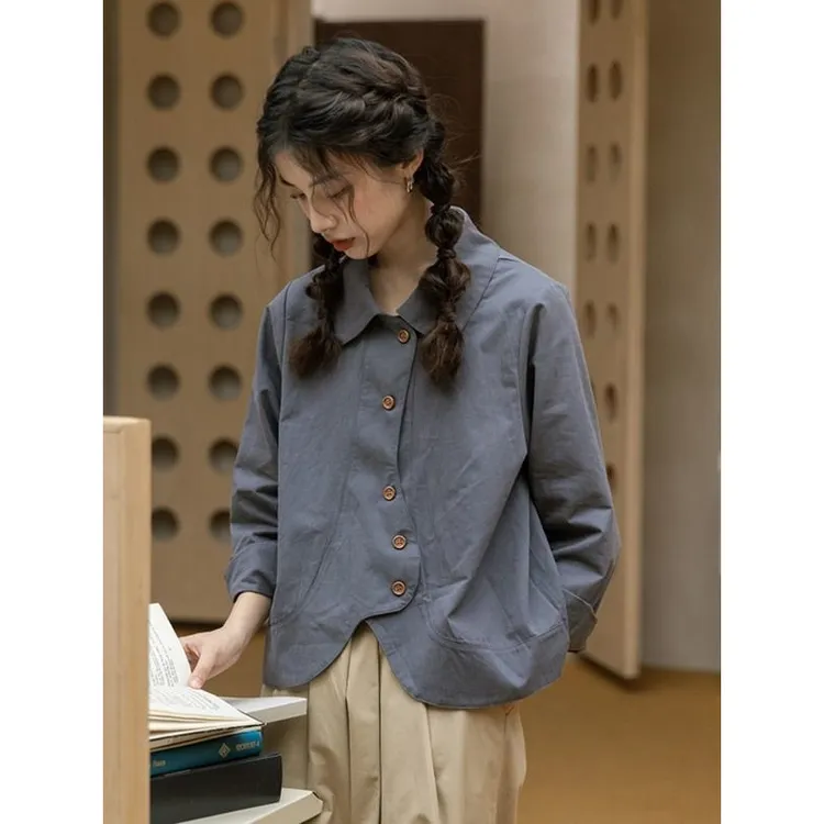2025年时尚宽松显瘦设计感衬衫上衣女2025早秋款Polo领长袖开衫衬
