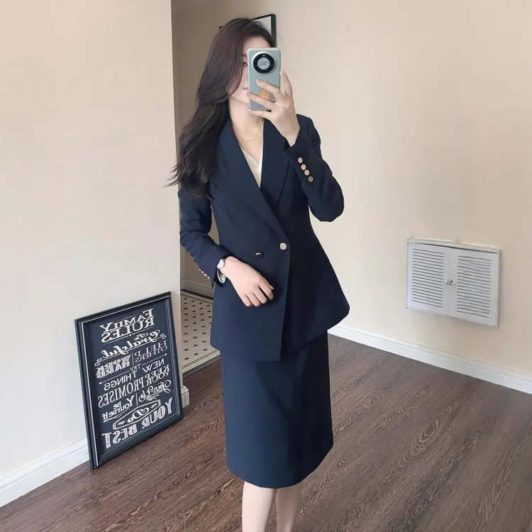 大码女装职业通勤显瘦小西装套装胖mm工作服西服外套半身裙两件套