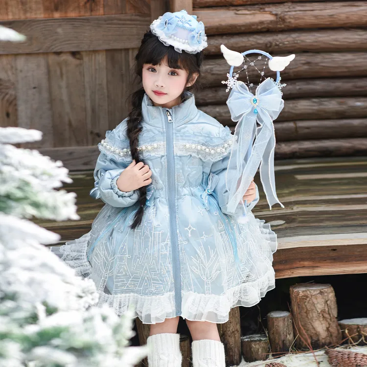 现货女童爱莎公主重工洛丽塔白鸭绒羽绒服冬季儿童女宝宝保暖外套