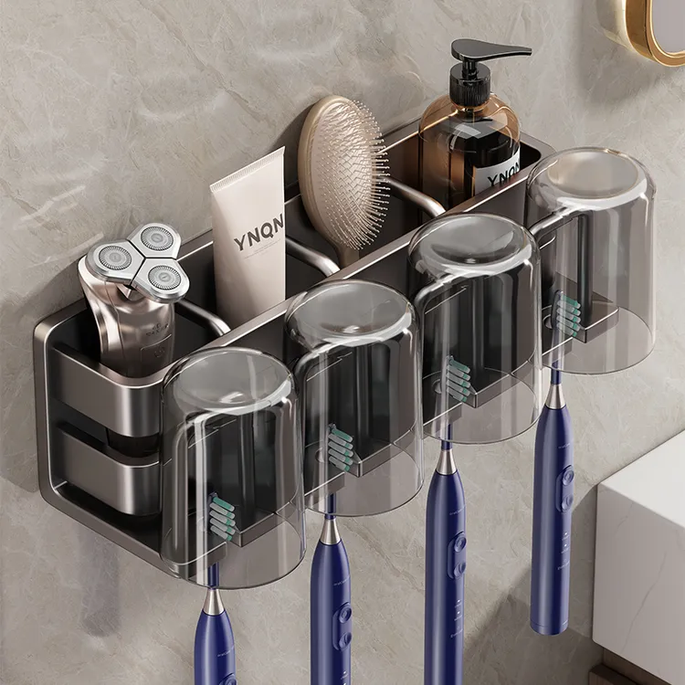枪灰色牙刷置物架不锈钢免打孔漱口杯刷牙卫生间电动牙膏架子