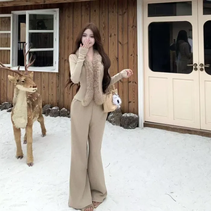 气质毛毛拼接v领修身长袖针织衫女秋冬穿搭套装直筒裤长裤两件套