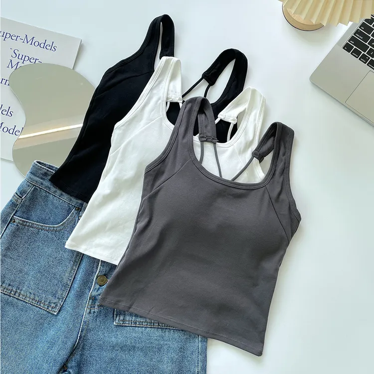 韩版交叉美背带胸垫吊带背心女短款露背内搭甜辣瑜伽上衣夏琦梦琳