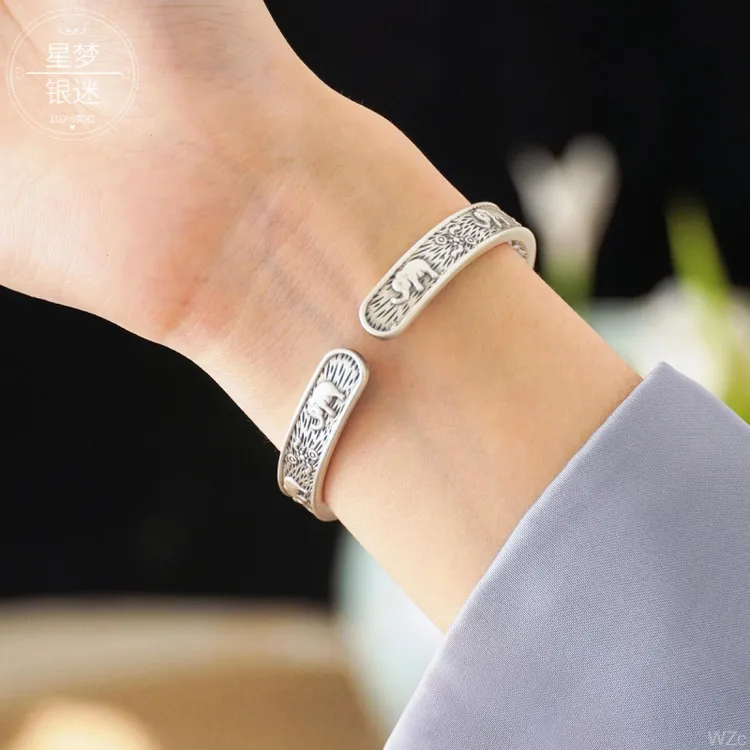 9999银手镯女吉象珐琅浮雕开口复古民族风小象银镯子个性