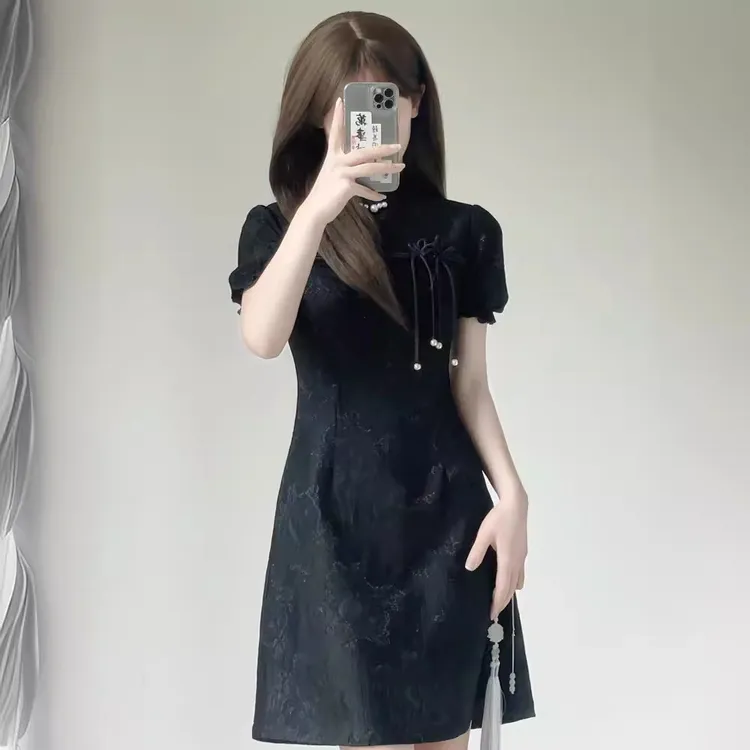 改良旗袍夏季年新款短款小个子日常年轻款少女黑色国风连衣裙