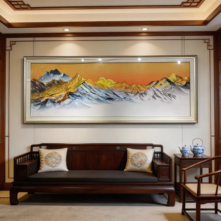 新中式织锦绣苏绣日照金山图高级感客厅沙发背景墙立体装饰画挂画