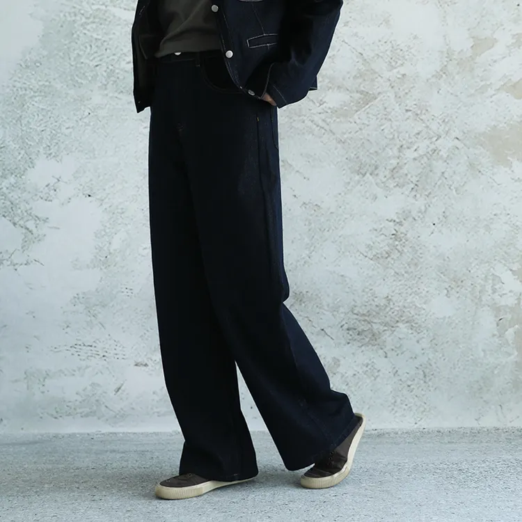 尘染深蓝色亮丝牛仔裤女2025新款棉休闲宽松长裤垂感高级感直筒裤