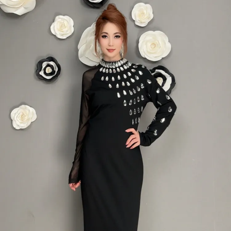 8780【包邮】新款水晶钻镶嵌礼服款女装连衣裙