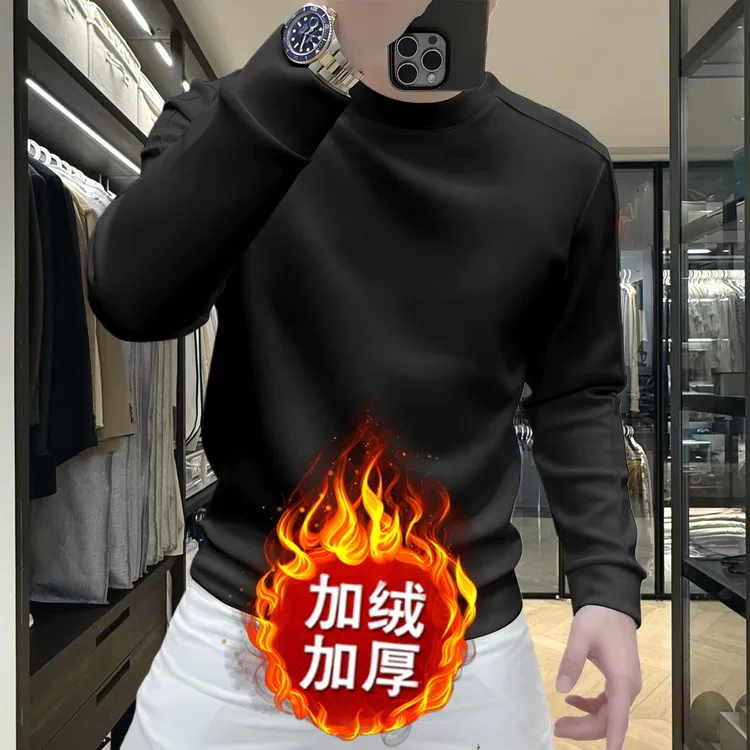 新款加绒加厚长袖圆领秋冬春季潮流印花卫衣套头上衣打底衫加绒