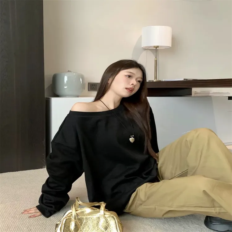 美式纯色斜肩长袖卫衣女2025早秋小众休闲百搭宽松显瘦斜肩上衣