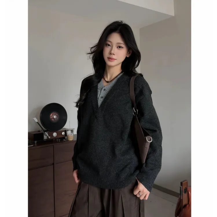 老钱风羊毛纱线深V领毛衣男女同款秋冬季慵懒风假两件针织衫外套