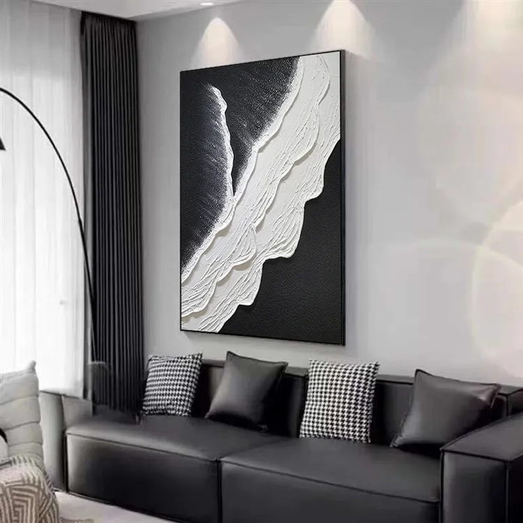 黑白海浪-纯手工厚肌理画餐厅过道极简时尚玄关画玄关装饰画